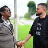 U.S. Rep. Gwen Moore speaks with Kareem Sarsour, son of Salah Sarsour. Moore was one of multiple elected officials to attend the event. Photo courtesy of Jews for Salah